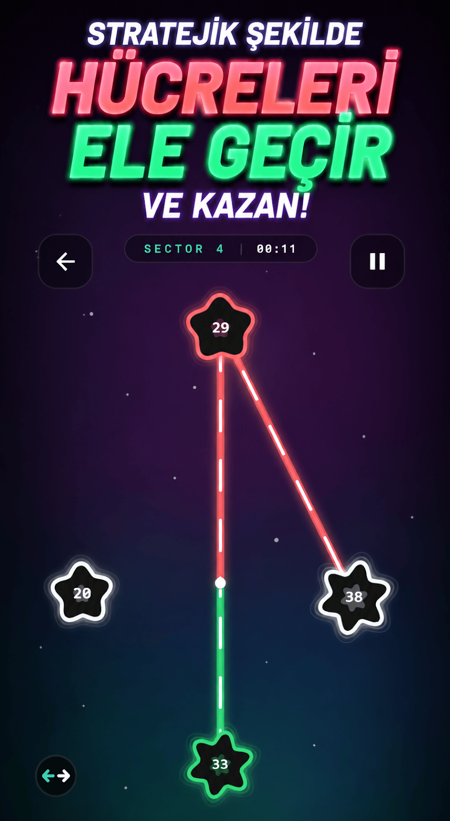 Cell Conquest — oyun ekranı: birbirine bağlı hücreler ve aralarında akan birimler