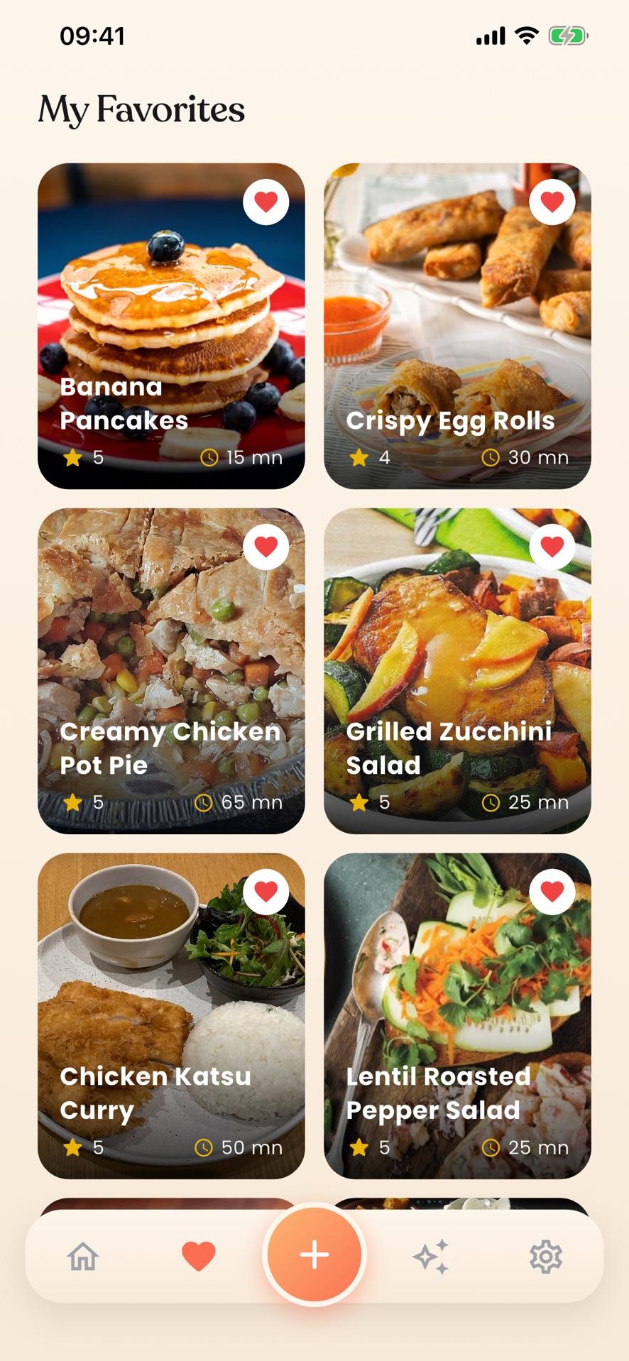 CookifyAI — favoriler: muzlu pankek, çıtır egg roll ve tavuklu pay gibi kaydedilmiş tarifler