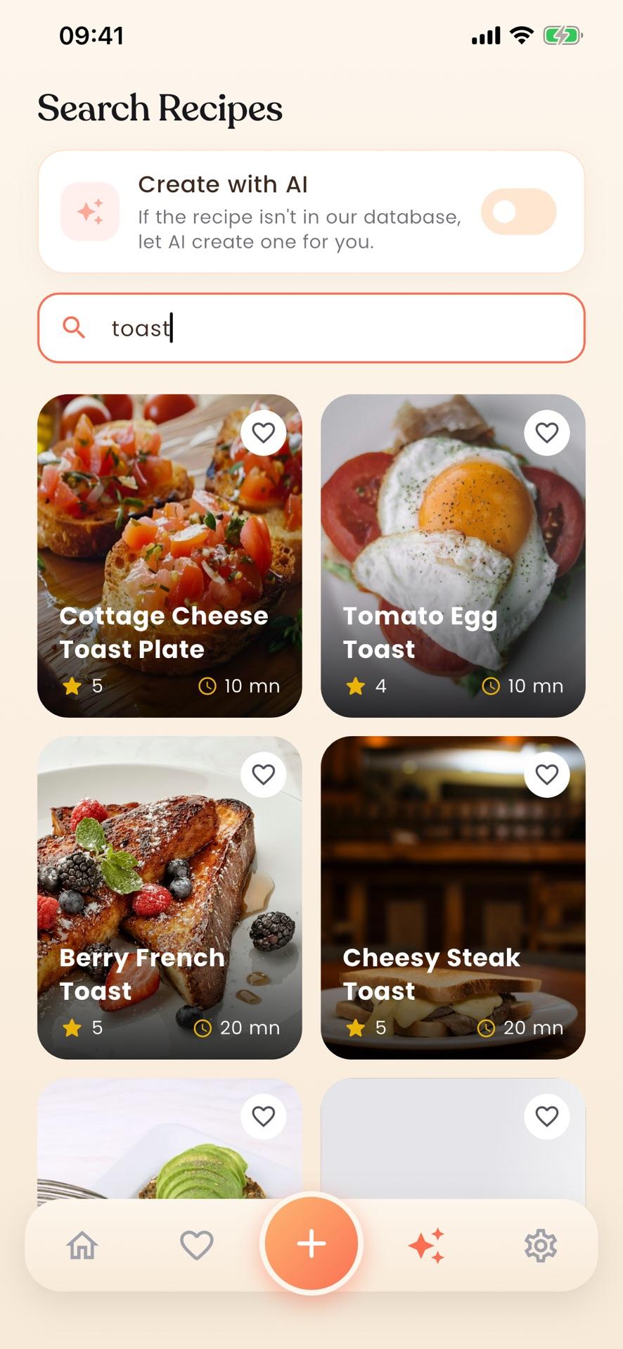 CookifyAI — tarif arama: "Create with AI" anahtarı ve tost tarifleri