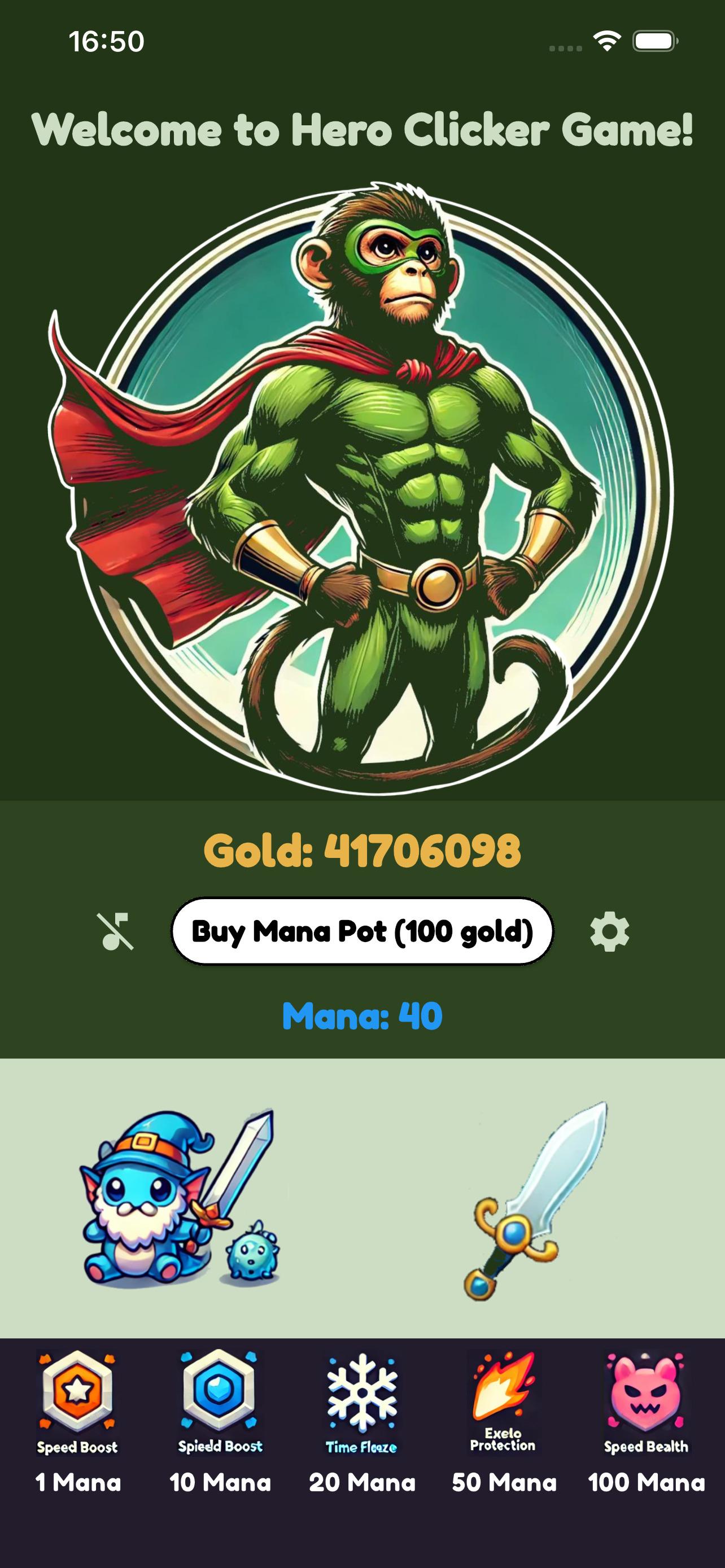 Hero Clicker — kırmızı pelerinli yeşil maymun kahraman, altın sayacı ve mana satın alma düğmesi